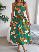 Smocked Floral Tie Shoulder Midi Dress - Trendsi - Flyclothing LLC