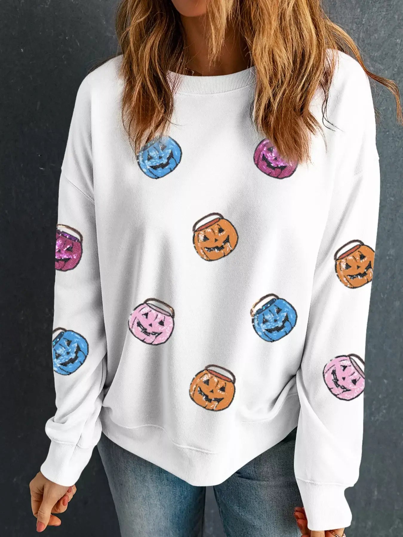 Halloween Pumpkin Lantern Sequin Patched Sweatshirt - Trendsi - Flyclothing LLC