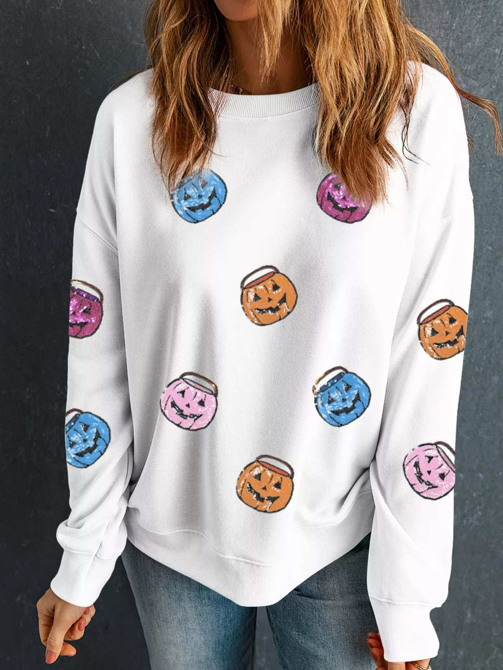 Halloween Pumpkin Lantern Sequin Patched Sweatshirt - Trendsi - Flyclothing LLC