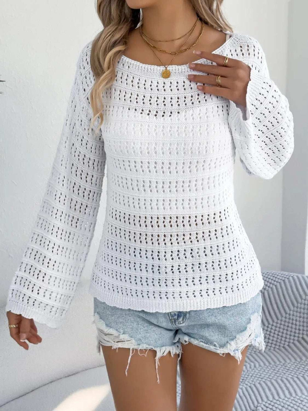 Openwork Boat Neck Long Sleeve Knit Cover Up - Trendsi - Flyclothing LLC