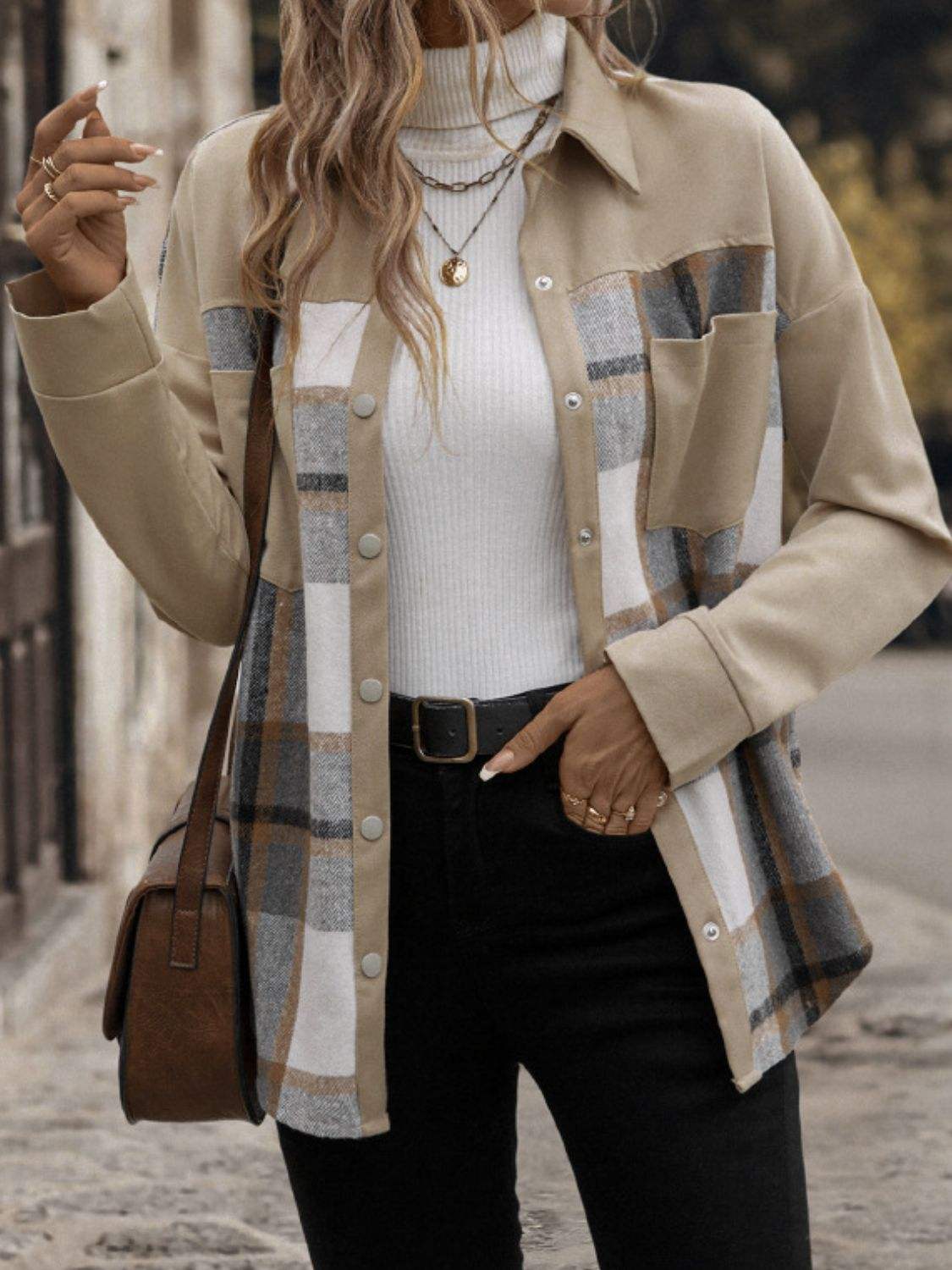 Perfee Plaid Snap Down Long Sleeve Shacket - Trendsi - Flyclothing LLC