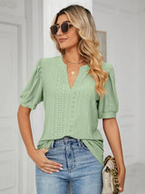Florira Eyelet Notched Short Sleeve T-Shirt - Trendsi - Flyclothing LLC
