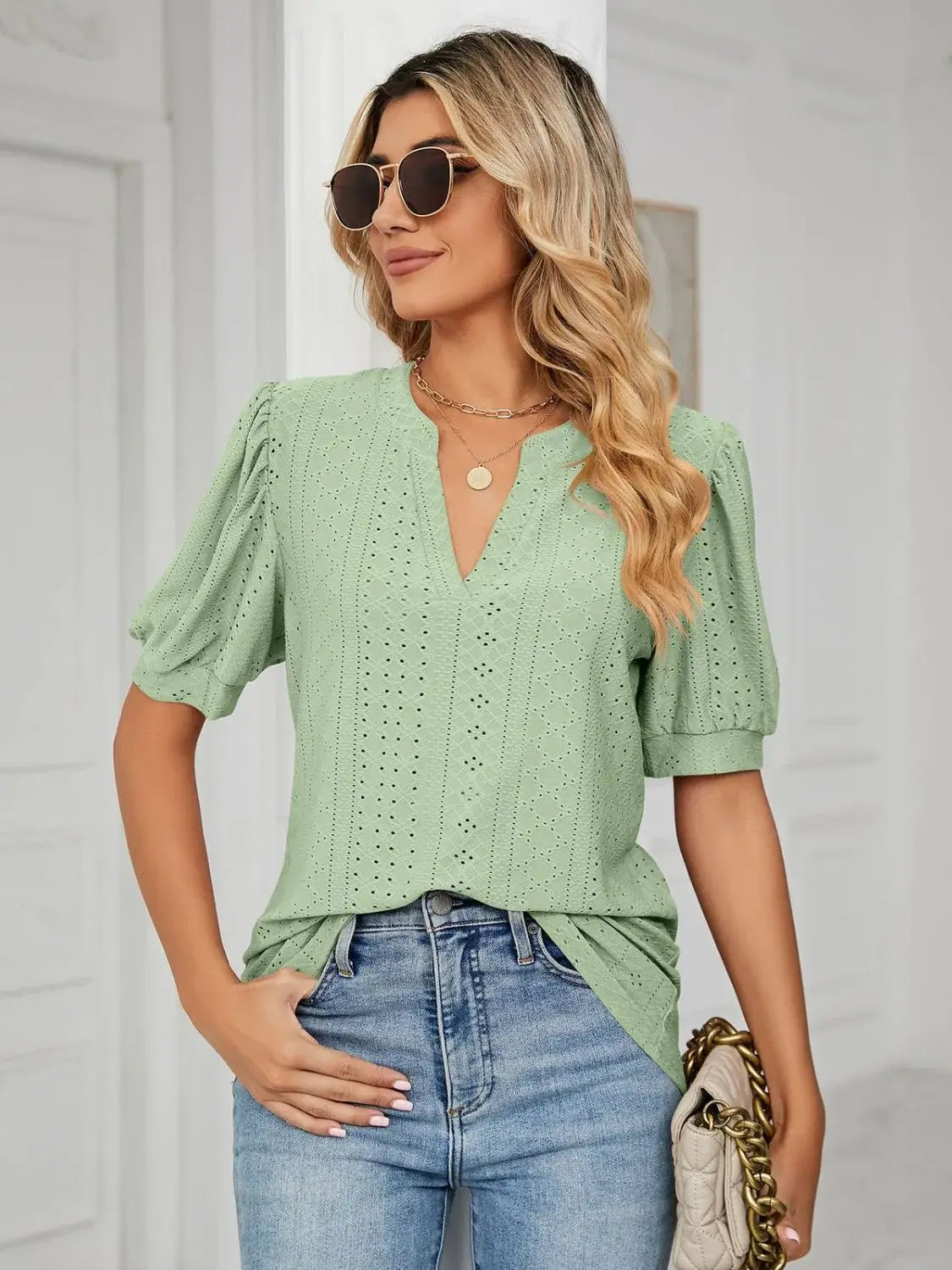 Florira Eyelet Notched Short Sleeve T-Shirt - Trendsi - Flyclothing LLC