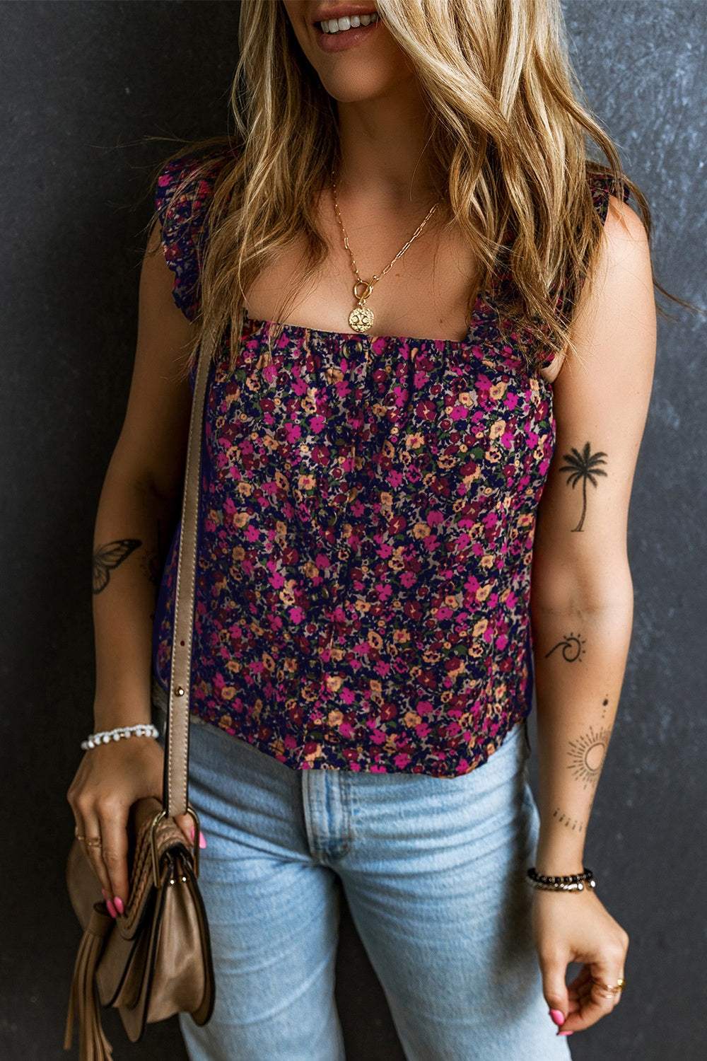 Printed Square Neck Tank - Trendsi - Flyclothing LLC