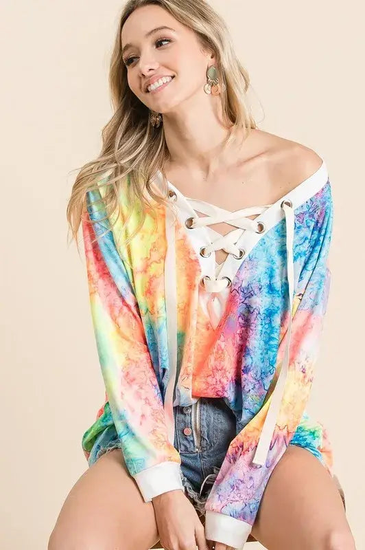 BiBi Tie Dye Deep V-neck Top With Lace Up Front - Trendsi - Flyclothing LLC
