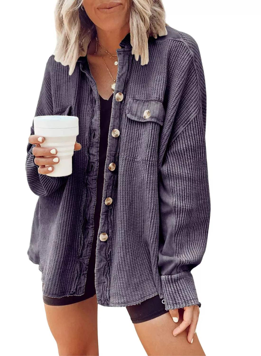 Oversized Waffle Knit Button-Up Jacket - Trendsi - Flyclothing LLC