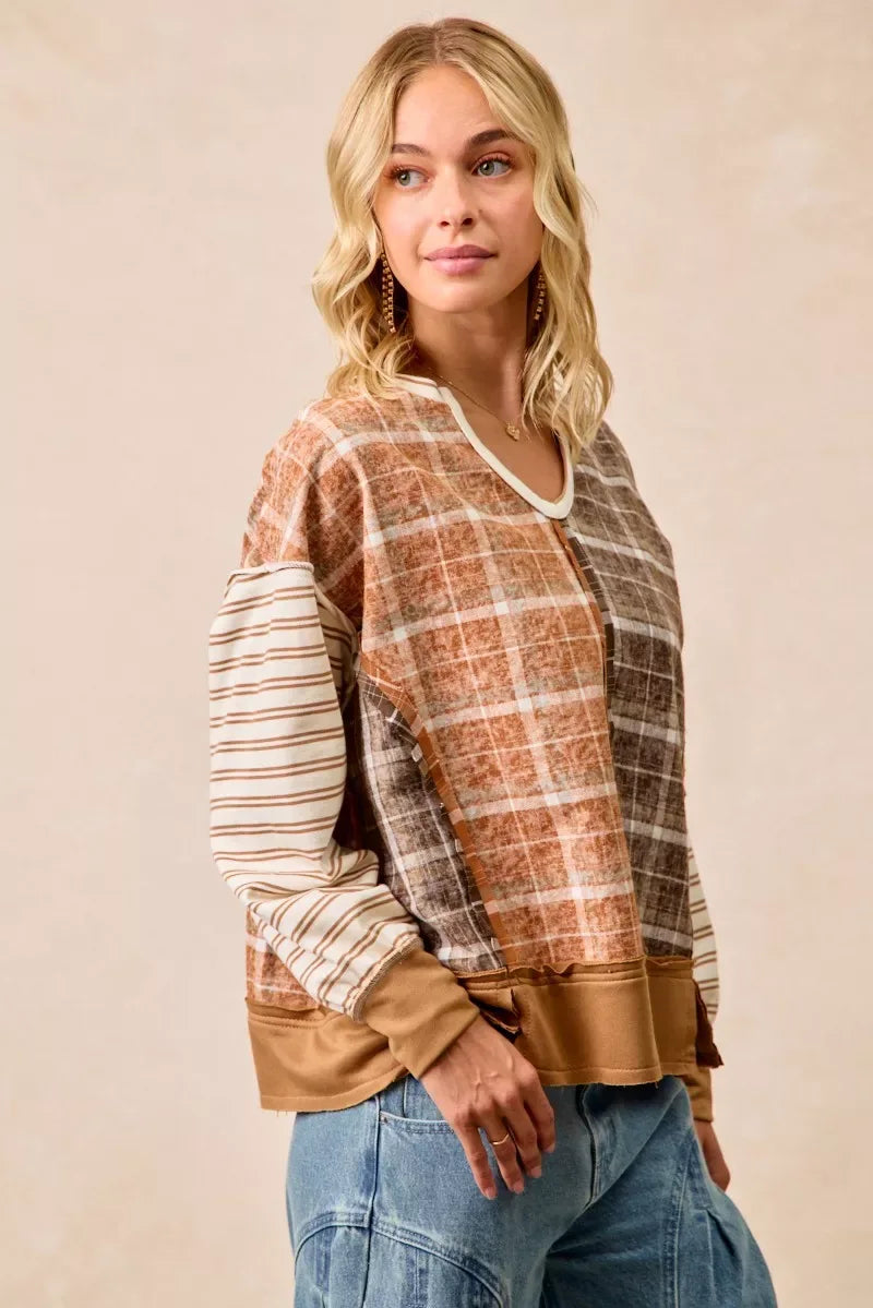 BiBi Plaid And Stripe Mix And Match Top With Open Seam - Trendsi - Flyclothing LLC