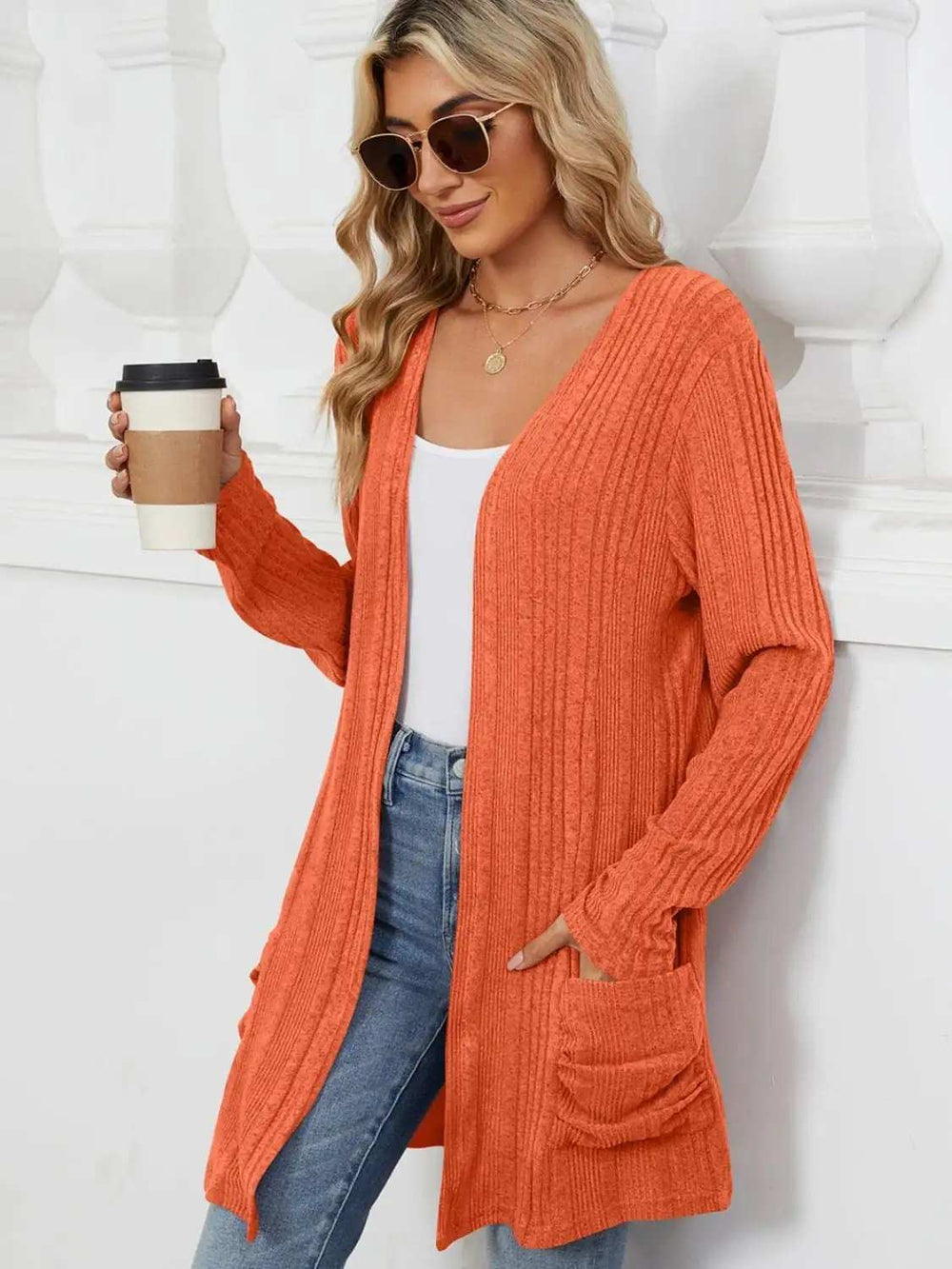 Pocketed Open Front Long Sleeve Cardigan - Trendsi - Flyclothing LLC