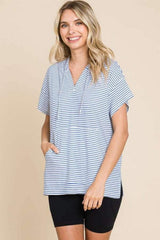 Culture Code Full Size Striped Short Sleeve Hooded Top - Trendsi - Flyclothing LLC