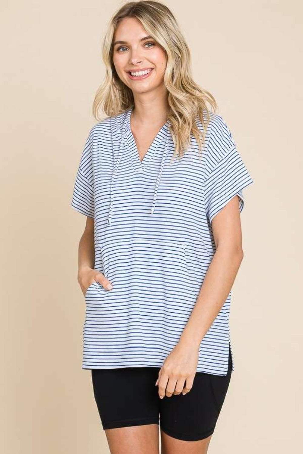 Culture Code Full Size Striped Short Sleeve Hooded Top - Trendsi - Flyclothing LLC