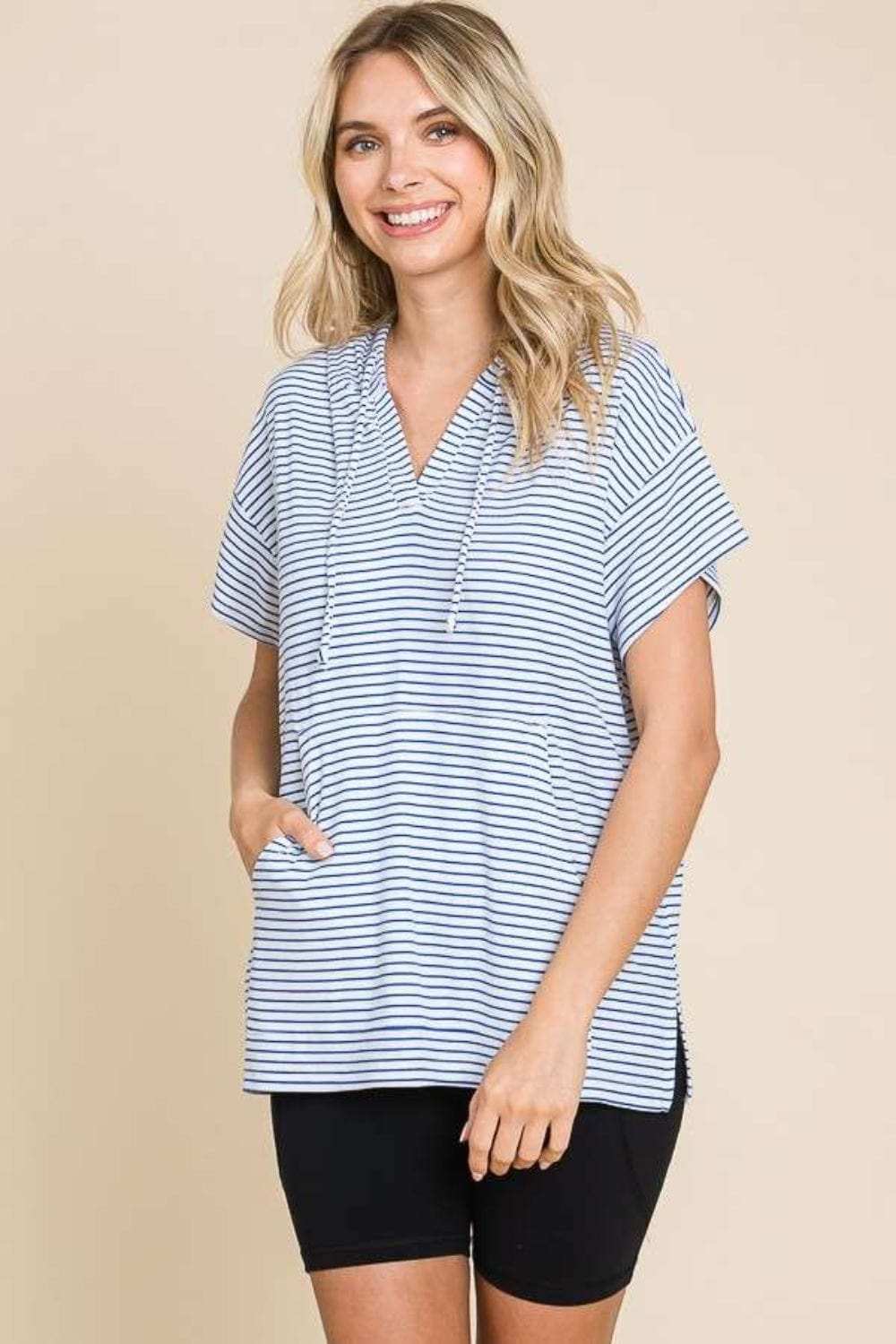 Culture Code Full Size Striped Short Sleeve Hooded Top - Trendsi - Flyclothing LLC