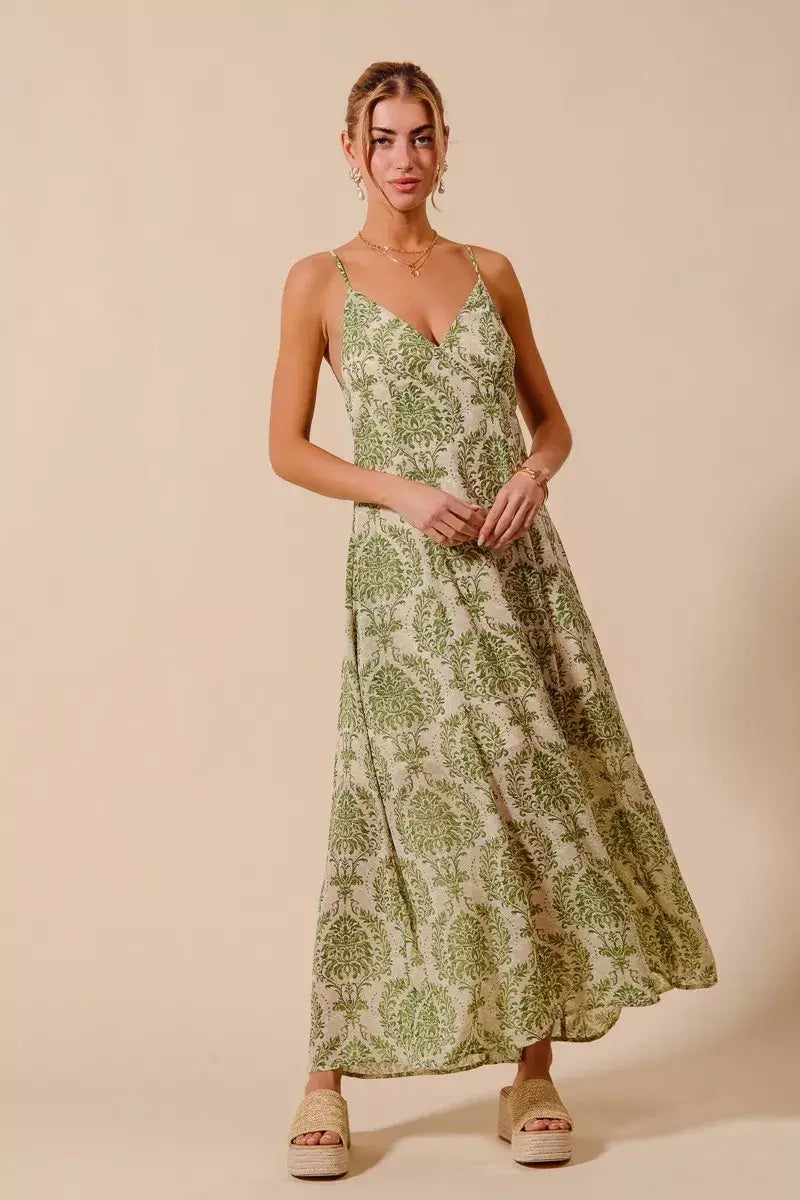 SO ME Damask Floral Summer Maxi Flowy Dress With Open Back - Trendsi - Flyclothing LLC