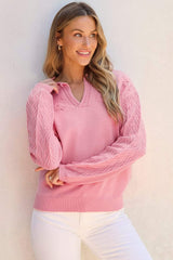 Daisy Notched Long Sleeve Sweater - Trendsi - Flyclothing LLC