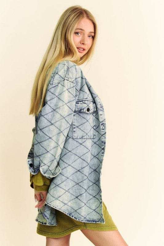 Davi & Dani Curved Hem Diamond Quilted Button Up Denim Shacket - Trendsi - Flyclothing LLC