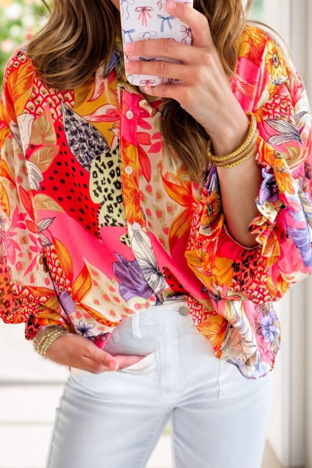 Printed Button Down Long Sleeve Shirt - Trendsi - Flyclothing LLC
