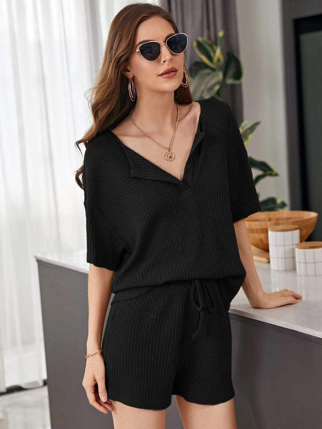 Full Size Waffle-Knit Dropped Shoulder Top and Shorts Set - Trendsi - Flyclothing LLC