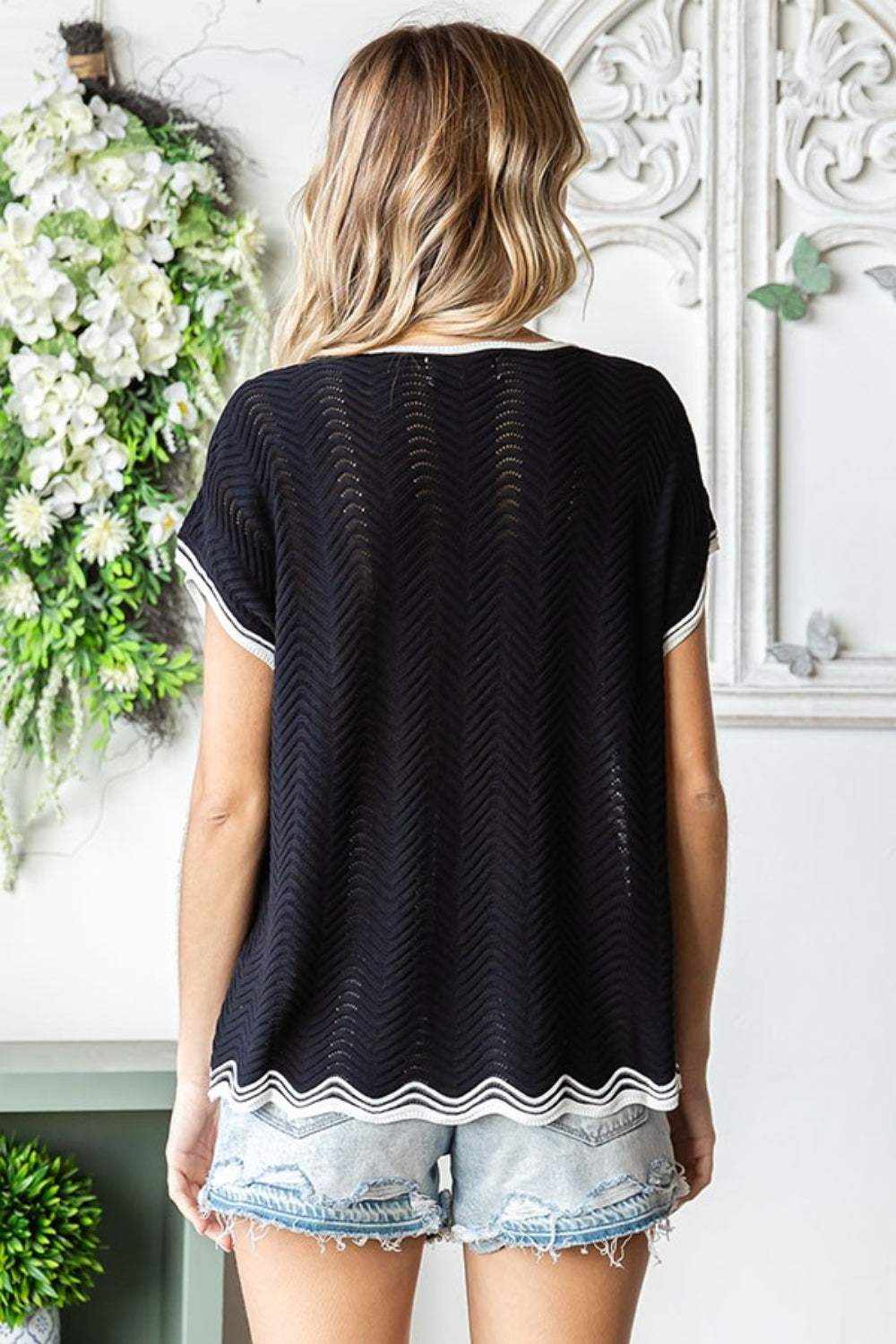 First Love Full Size Contrast Wavy Crochet Drop Shoulder Knit Top - Trendsi - Flyclothing LLC
