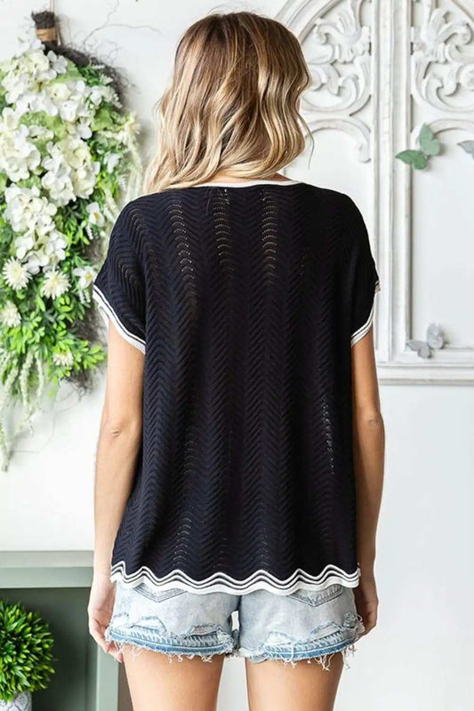 First Love Full Size Contrast Wavy Crochet Drop Shoulder Knit Top - Trendsi - Flyclothing LLC
