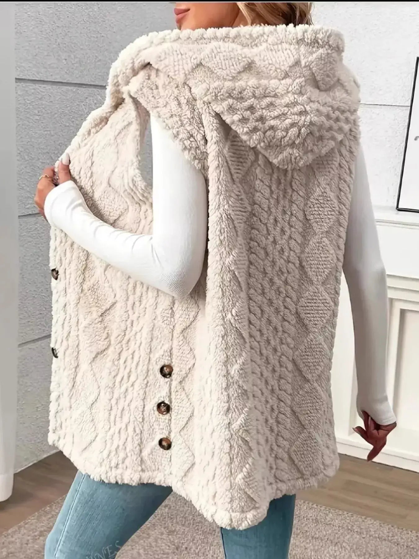 Button Up Plush Hooded Vest Coat - Trendsi - Flyclothing LLC