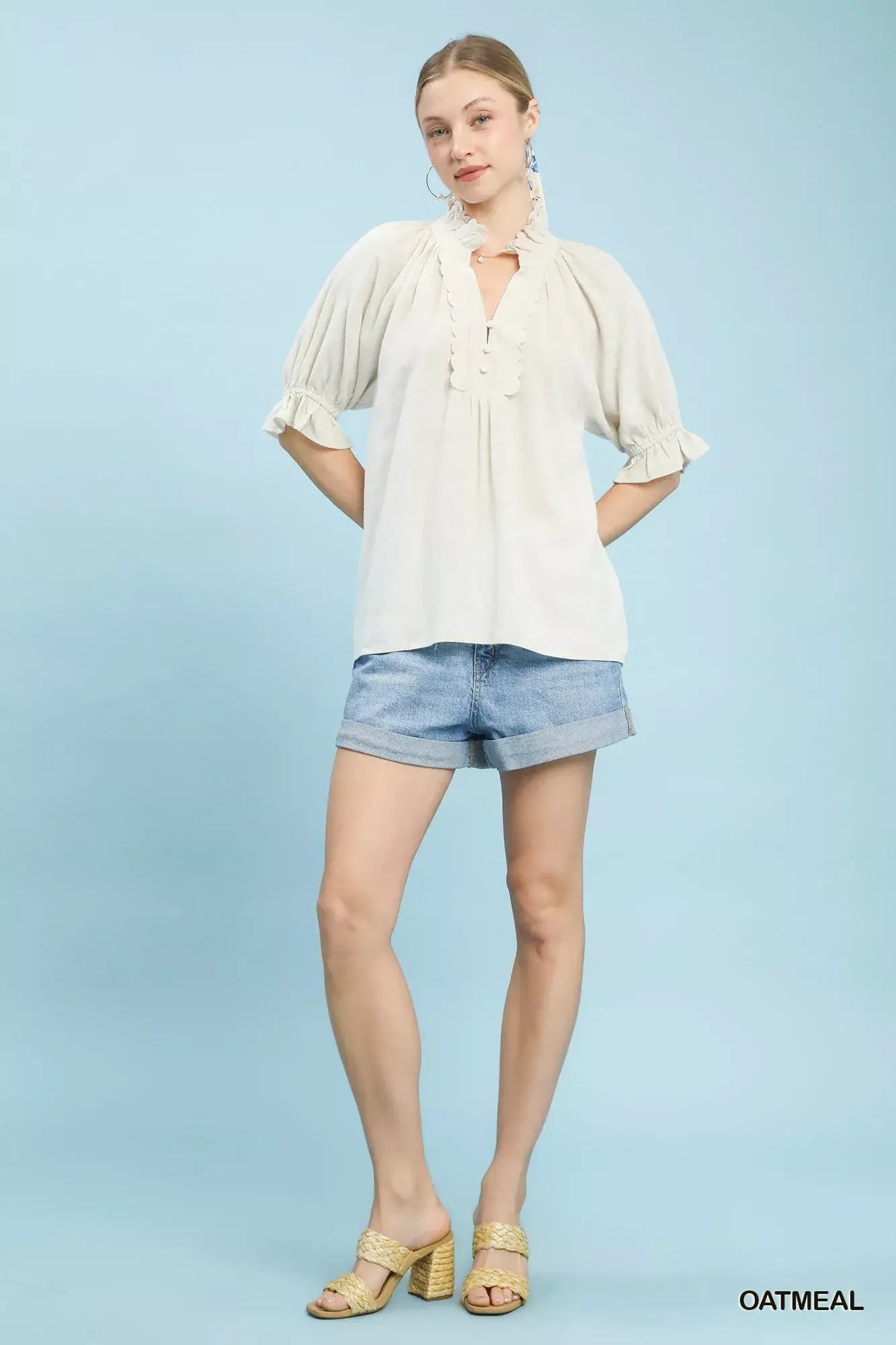 Umgee Linen Scalloped Ruffle Neck Blouse - Trendsi - Flyclothing LLC