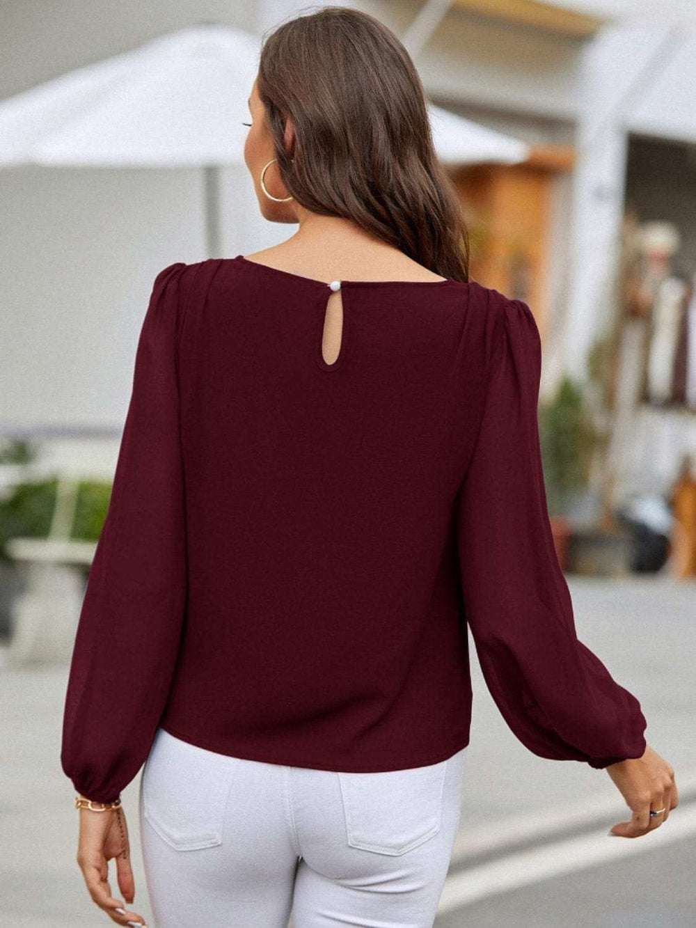 Round Neck Long Sleeve Blouse - Trendsi - Flyclothing LLC