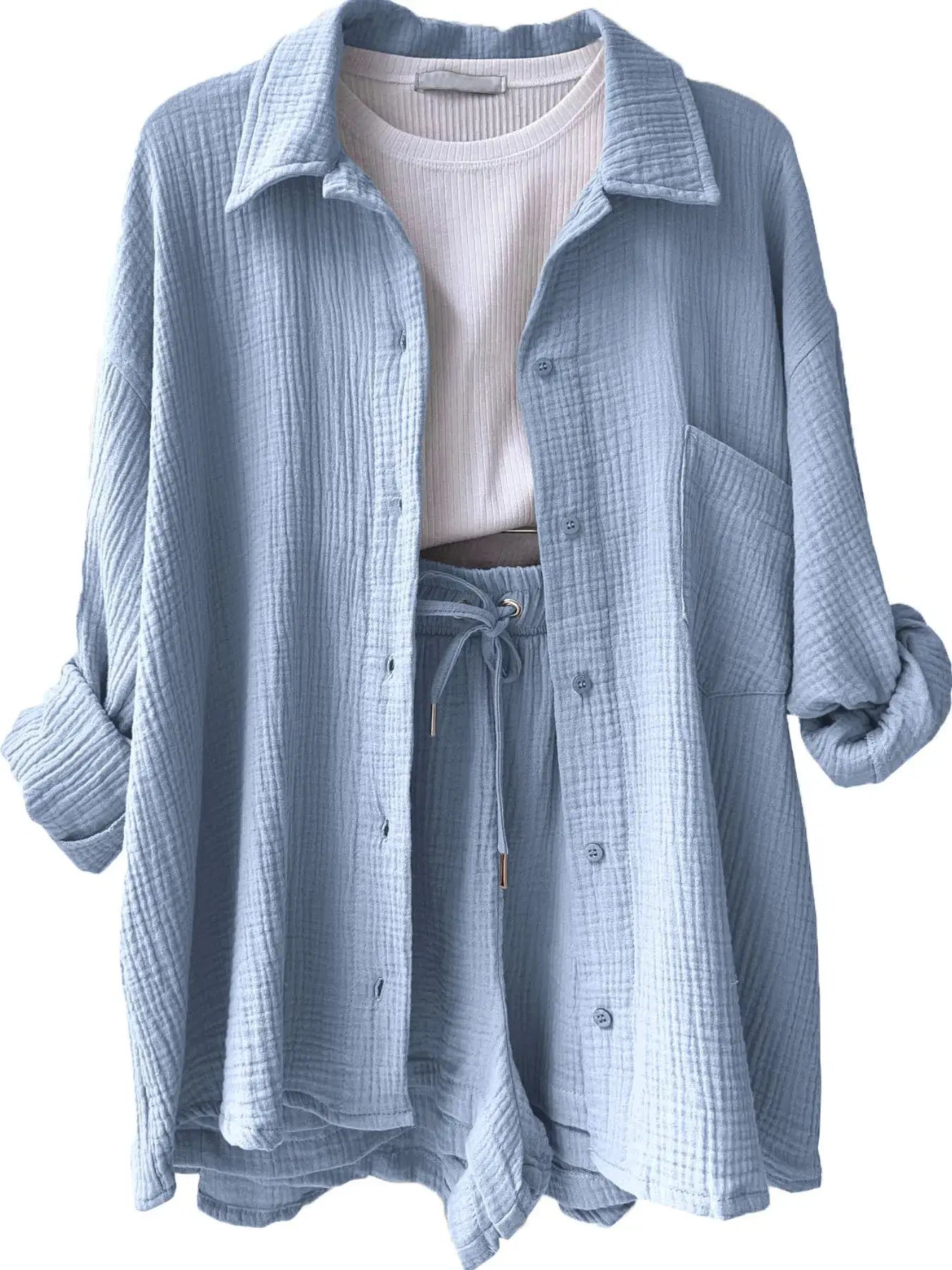 Textured Button Up Shirt and Shorts Set - Trendsi - Flyclothing LLC