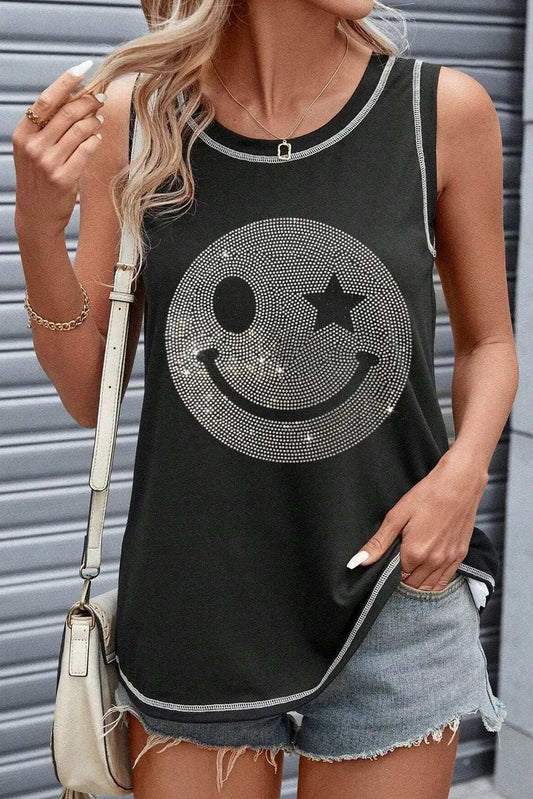 Rhinestone Smile Face Round Neck Tank - Trendsi - Flyclothing LLC