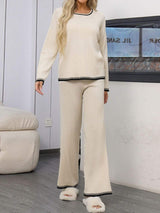 Contrast Trim Round Neck Top and Pants Sweater Set - Trendsi - Flyclothing LLC