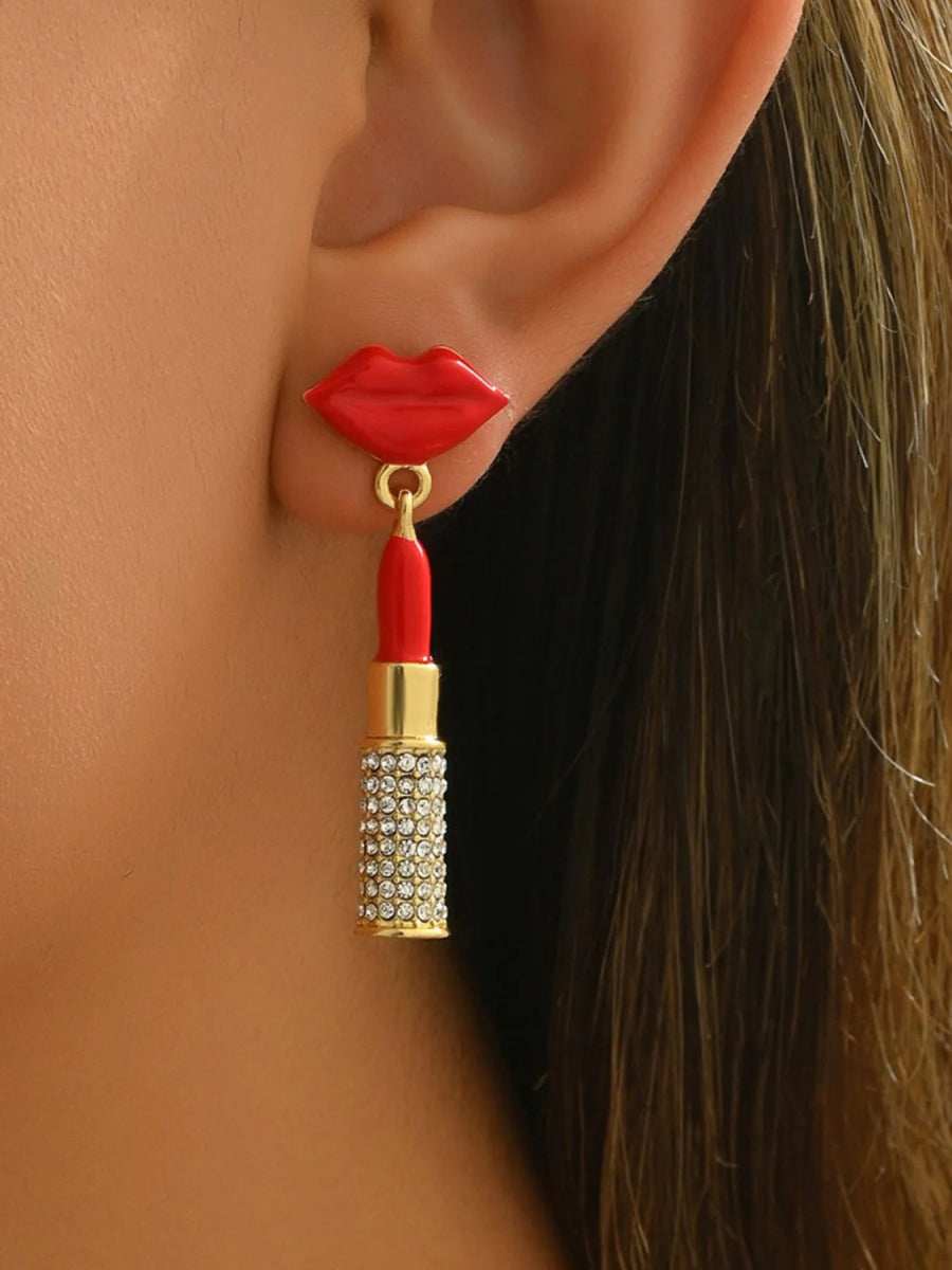 Stainless Steel Resin Lips Lipstick Rhinestone Earrings - Trendsi - Flyclothing LLC