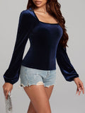 Square Neck Long Sleeve Velvet Top - Trendsi