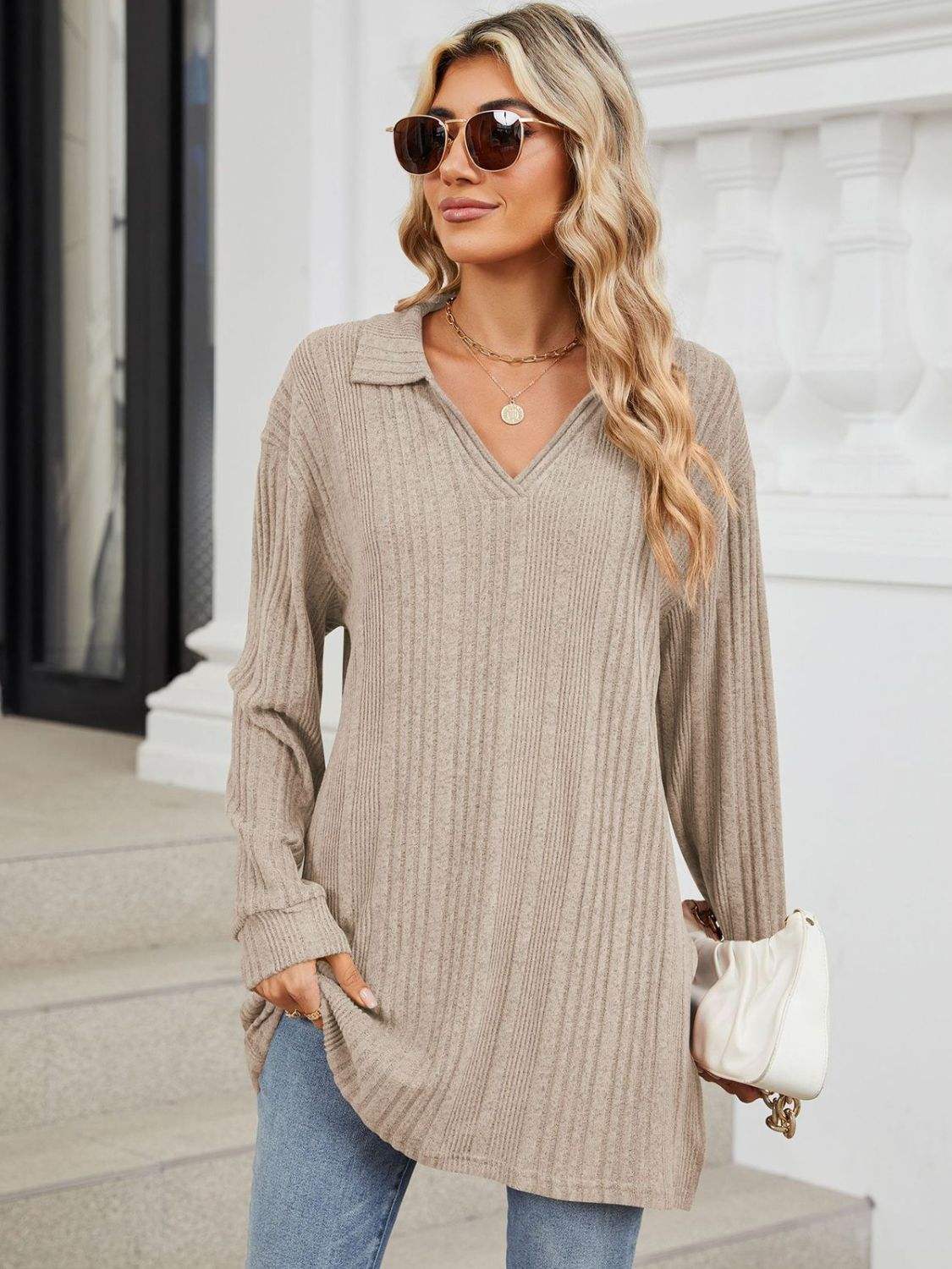 Slit Johnny Collar Long Sleeve T-Shirt - Trendsi - Flyclothing LLC