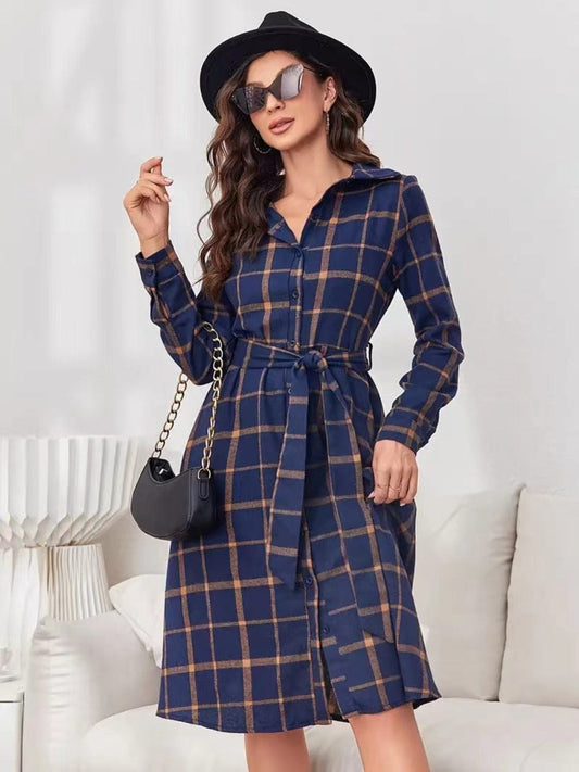 Plaid Tie Waist Long Sleeve Dress - Trendsi