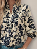 Perfee Printed Notched Long Sleeve Shirt - Trendsi