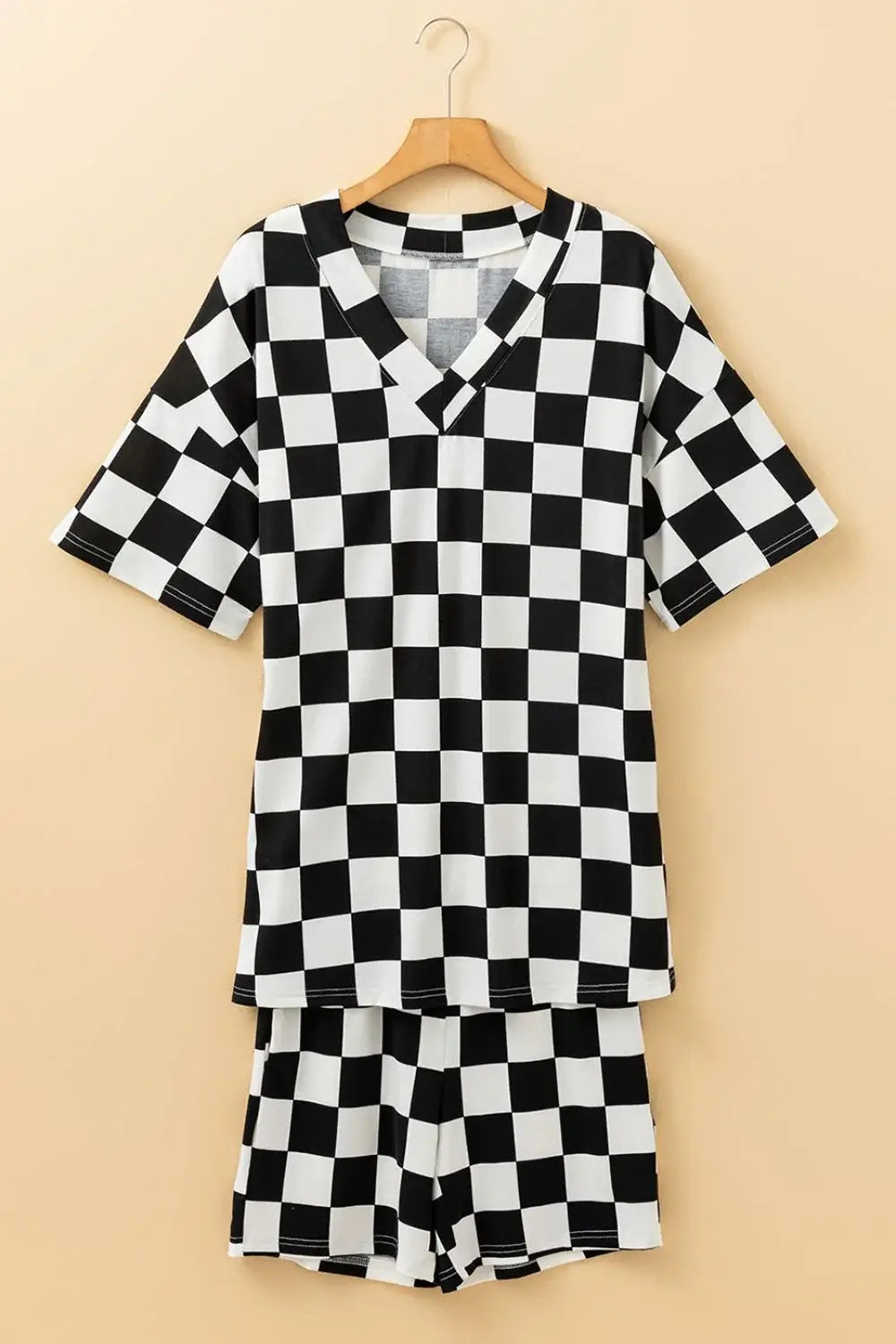 Checkerboard V Neck Loose Tee and Shorts Set - Trendsi - Flyclothing LLC