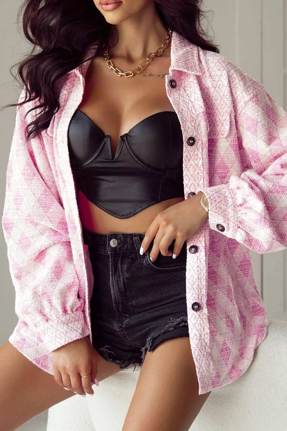 Geometric Print Textured Flap Pocket Shacket - Trendsi - Flyclothing LLC