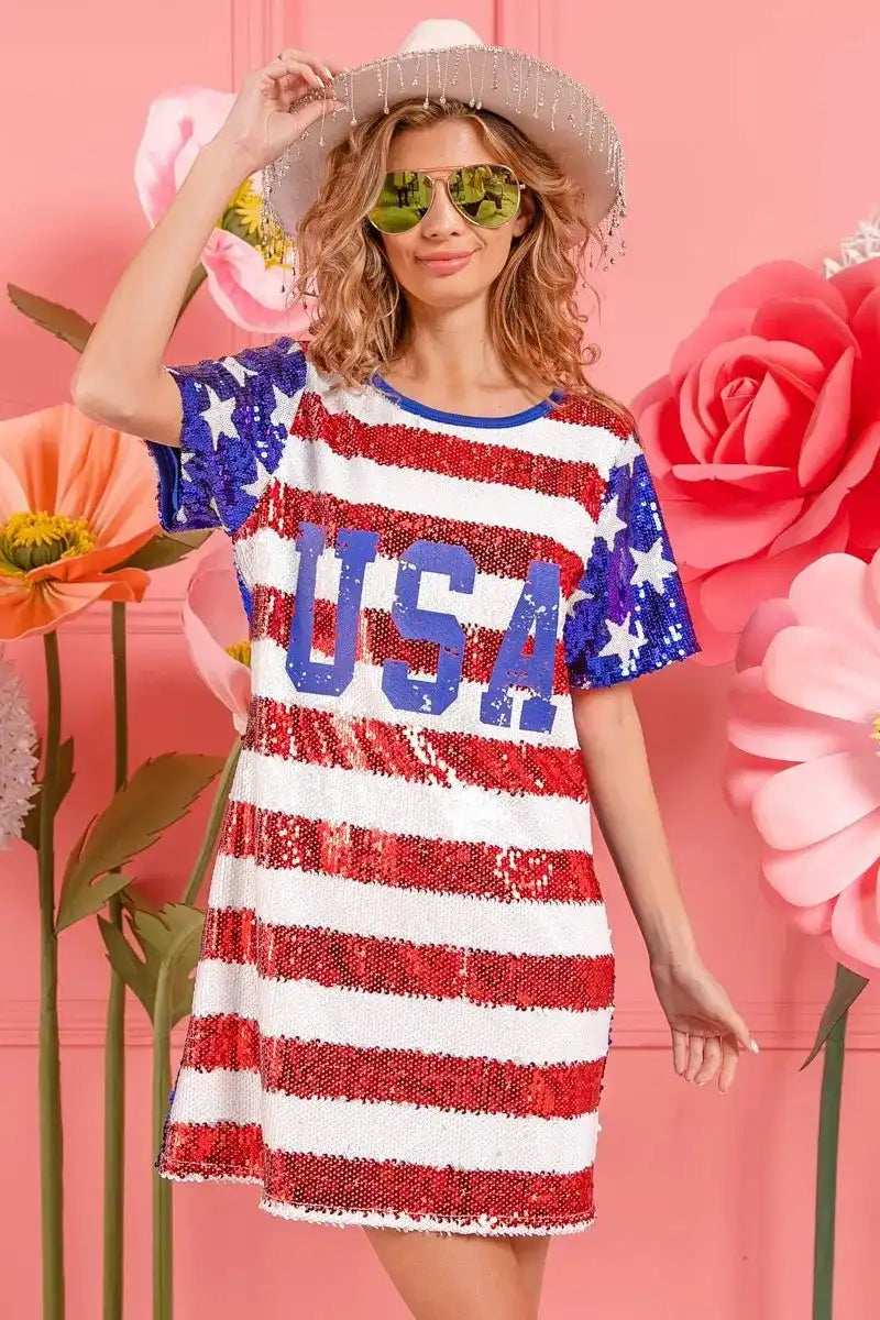 BiBi American Flag Theme Usa Print Sequin Dress - Trendsi - Flyclothing LLC