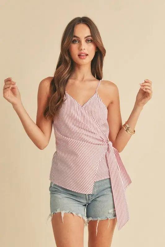 Aemi + Co Side Knotted Surplice Striped Cami - Trendsi