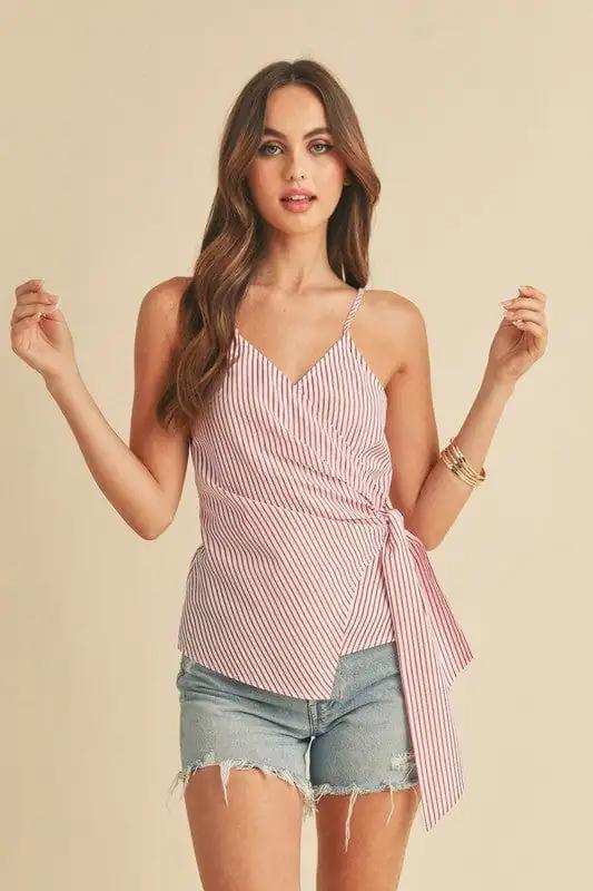 Aemi + Co Side Knotted Surplice Striped Cami - Trendsi - Flyclothing LLC