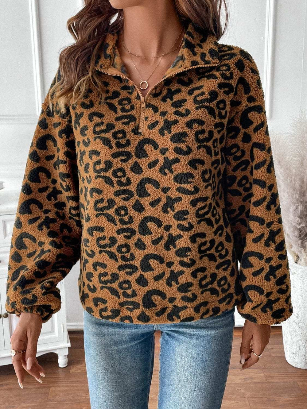 Leopard Half Zip Long Sleeve Sweatshirt - Trendsi - Flyclothing LLC