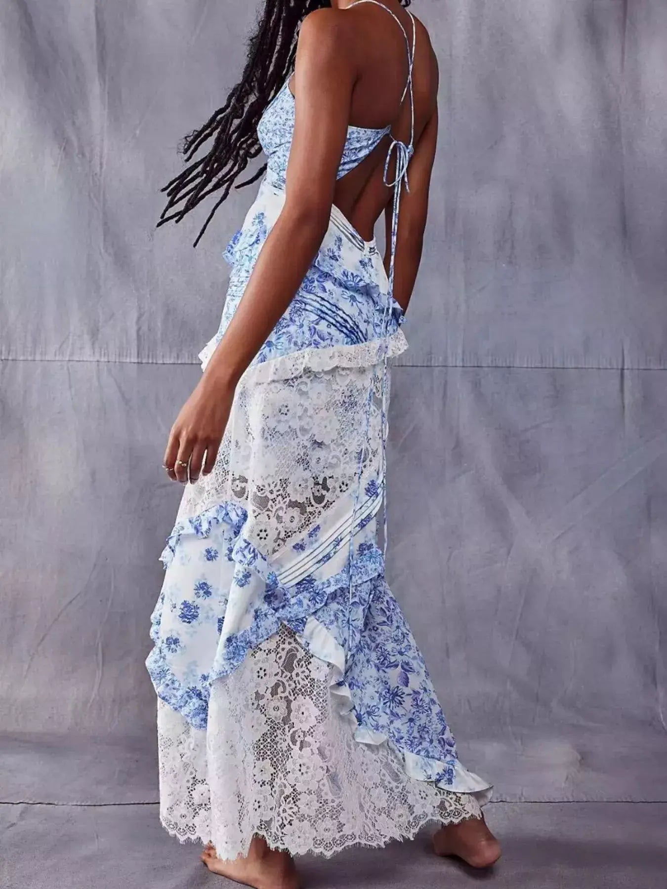 Lace Detail Ruffled Floral V-Neck Maxi Dress - Trendsi - Flyclothing LLC