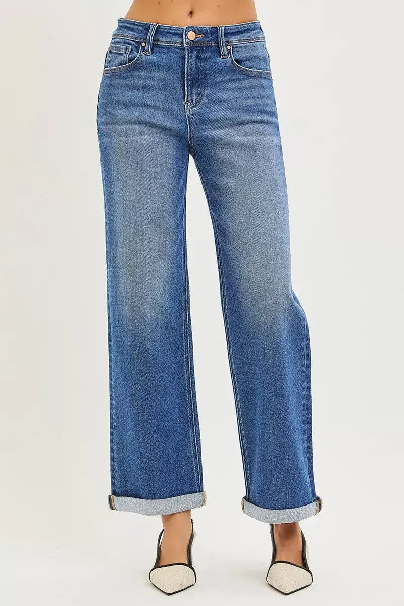 RISEN Full Size High Rise Relaxed Fit Ankle Straight Cuff Jeans Plus Size - Trendsi - Flyclothing LLC