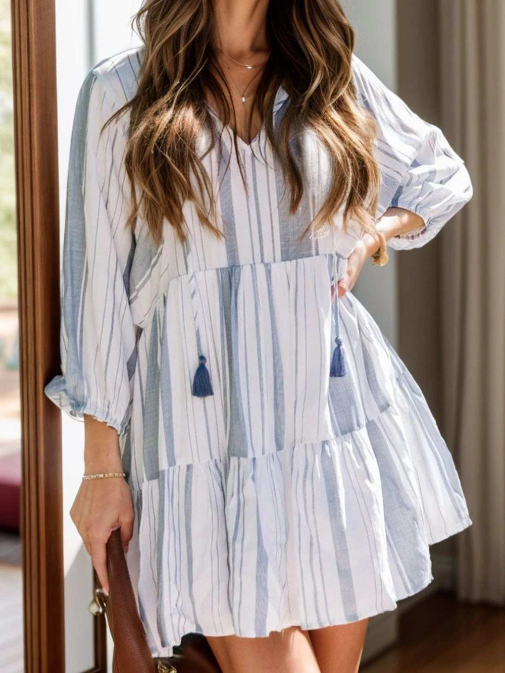 Tassel Striped Tie Neck Batwing Sleeve Dress - Trendsi - Flyclothing LLC