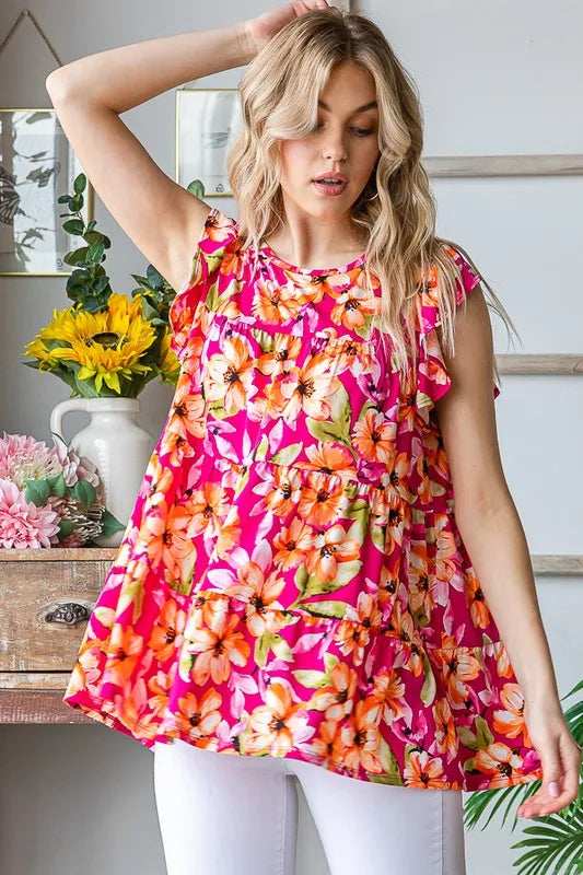 Heimish Full Size Butterfly Sleeve Floral Tiered Top Plus Size - Trendsi - Flyclothing LLC