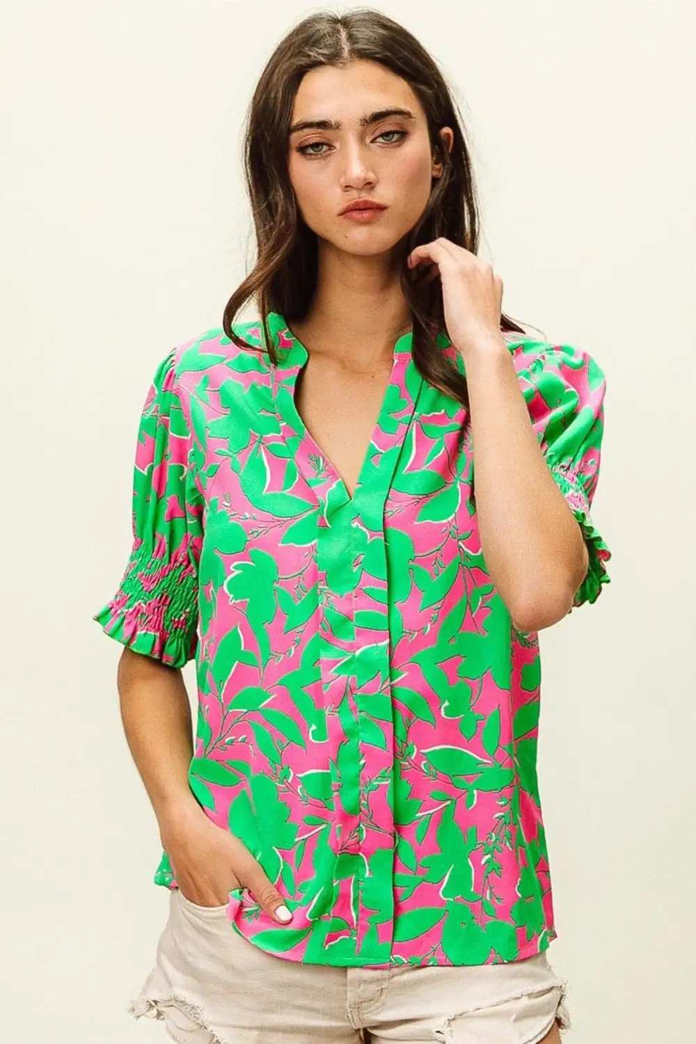 BiBi Smocked Cuff Floral Contrast Top - Trendsi - Flyclothing LLC