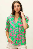 BiBi Smocked Cuff Floral Contrast Top - Trendsi - Flyclothing LLC