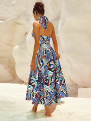 Ruched Printed Halter Neck Sleeveless Dress - Trendsi