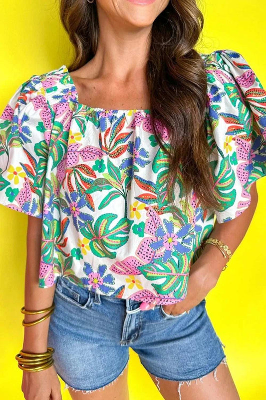 Plant Print Loose Fit Puff Sleeve Square Neck Blouse - Trendsi - Flyclothing LLC