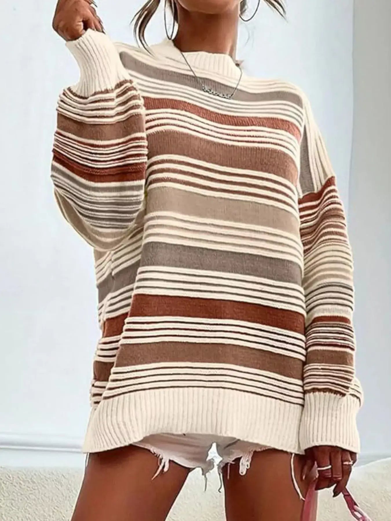 Striped Knit Long Sleeve Sweater - Trendsi - Flyclothing LLC