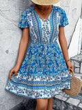 Printed V-Neck Flutter Sleeve Mini Dress - Trendsi