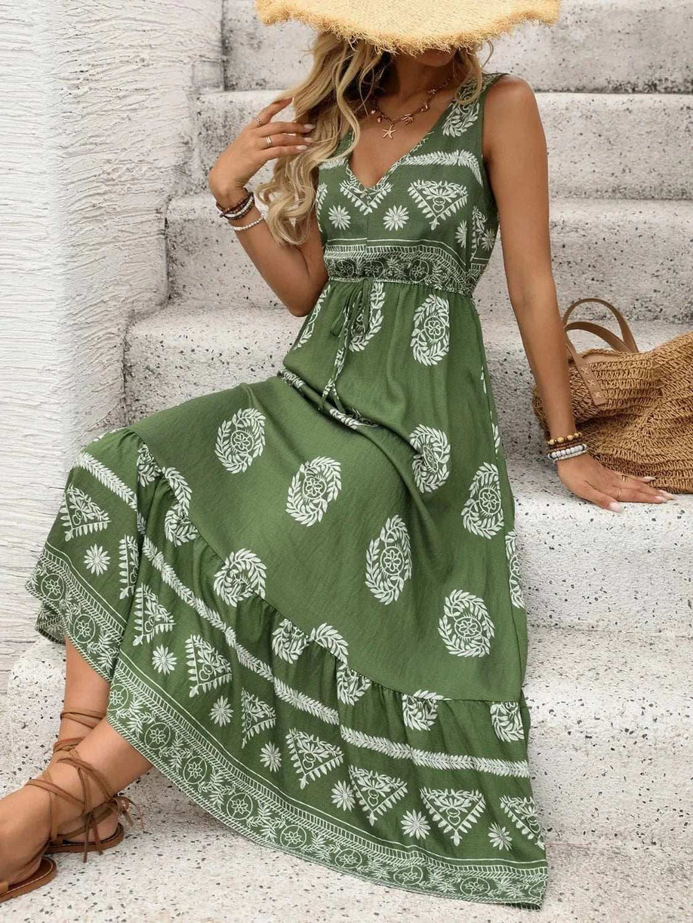 Printed V-Neck Sleeveless Dress - Trendsi - Flyclothing LLC